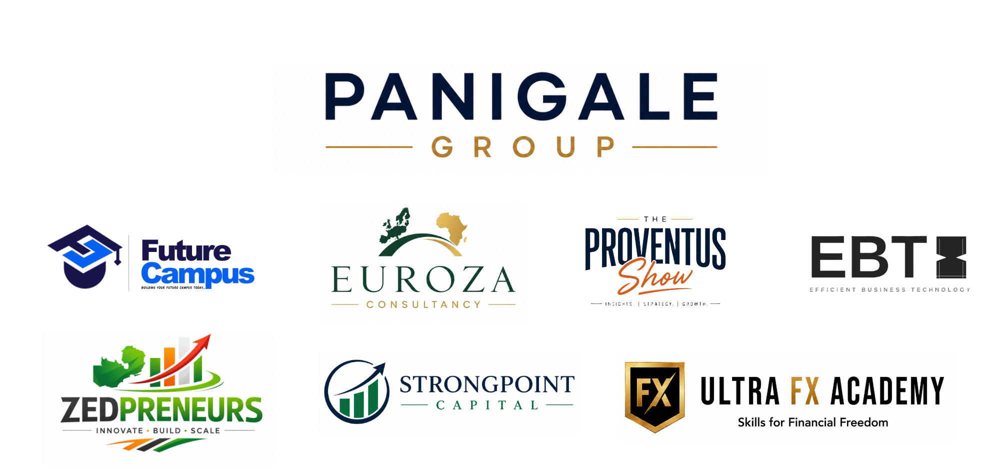 Panigale Group brand family: FutureCampus, Euroza Consultancy, The Proventus Show, EBT, ZedPreneurs, StrongPoint Capital, and Ultra FX Academy.